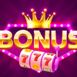 Ilustrasi mesin slot jackpot 777 dengan tulisan bonus bermahkota emas dan lampu neon.