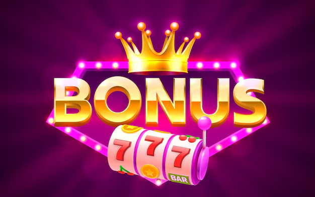 Ilustrasi mesin slot jackpot 777 dengan tulisan bonus bermahkota emas dan lampu neon.