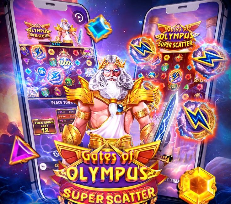 Ilustrasi permainan slot online Gates of Olympus dengan Zeus dan simbol scatter.
