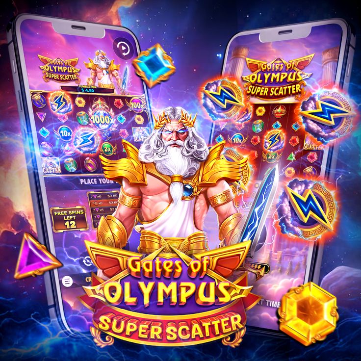 Ilustrasi permainan slot online Gates of Olympus dengan Zeus dan simbol scatter.